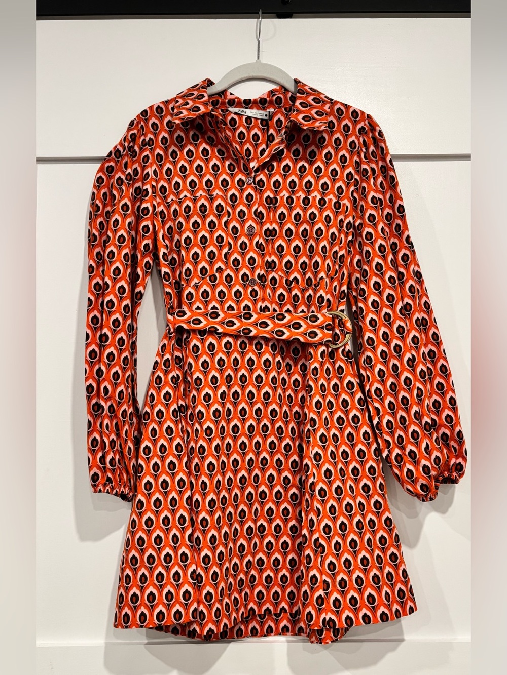 NWT Zara The Brigitte Dress Short Printed Long Sleeves Burn Orange Small